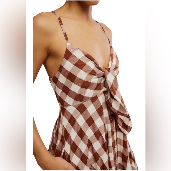 NWT Free People Brown & White Gingham Via Midi Dress - Picture 2 of 5